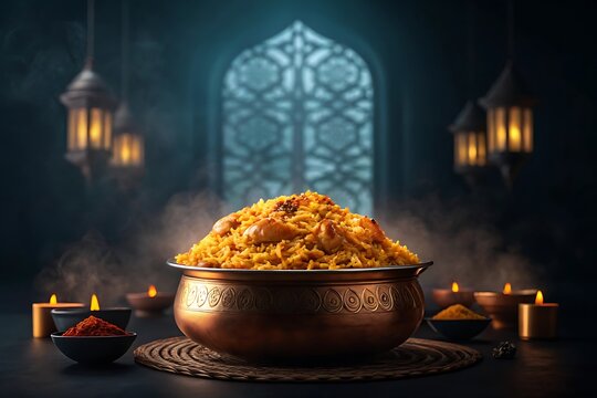 Mouth-watering chicken biryani in a traditional pot, with atmospheric lighting.