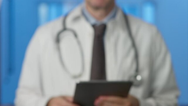 Medical quality control involves a doctor using a digital tablet, displaying a checklist with a magnifying glass, symbolizing thorough examination and adherence to standards in healthcare