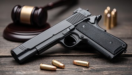 Pistol and Gavel on Wooden Surface
