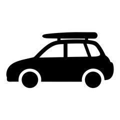 Black Silhouette of Compact Car with Roof Rack Icon, Simple black icon of a compact car equipped with a roof rack, symbolizing travel, adventure, and extra cargo space.
