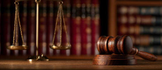 Justice Symbolism Gavel and Scales of Justice on Table