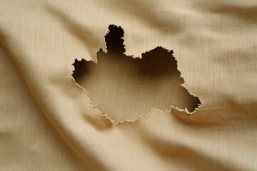 Beige fabric with a torn hole revealing the underlying layer.