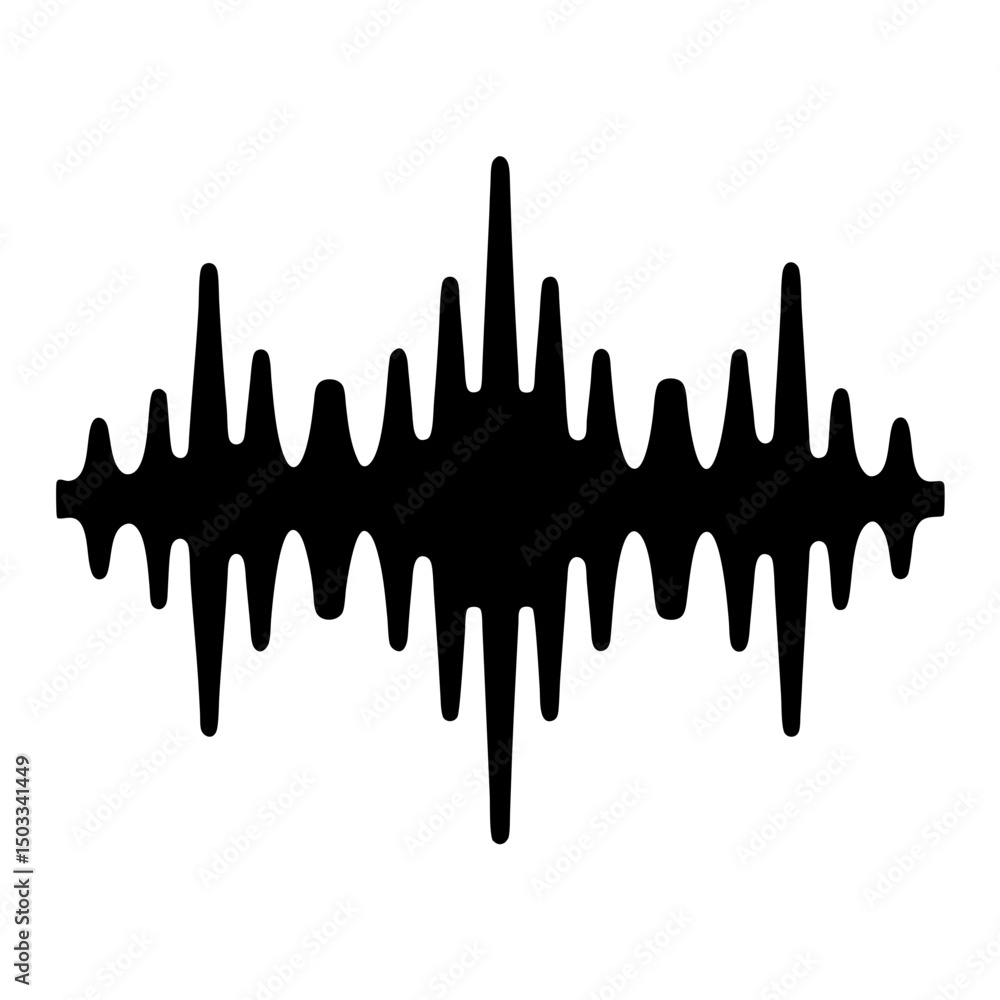 Poster monochrome illustration depicting a stylized sound waveform or audio signal displayed graphically