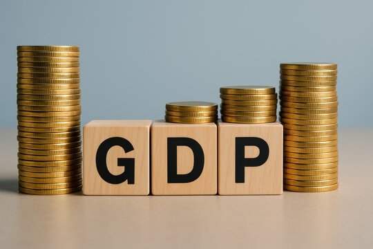 GDP and Growth: A symbolic representation of economic growth, with the letters GDP (Gross Domestic Product) displayed on wooden blocks and stacks of gold coins.