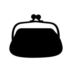 Black Silhouette of Vintage Coin Purse Icon, Simple black icon of a vintage coin purse with a clasp, representing money storage, finance, and personal belongings.
