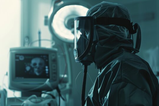 Healthcare professional in protective gear analyzing medical data in a clinical setting during the pandemic