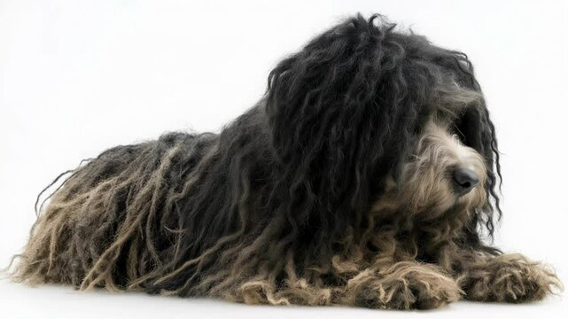 Shaggy Puli dog relaxing on a white background with charming personality and unique appearance