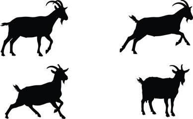 Goat Silhouette Illustration Vector Graphics of Running and Standing Goats