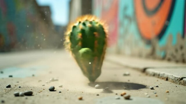 Energetic cactus spins and dances in vibrant urban alley setting with lively moves