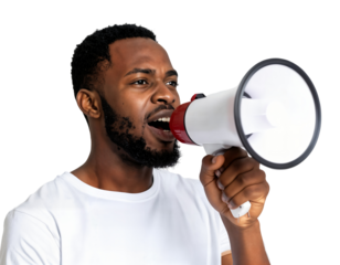 African American Man Speaking Through Megaphone, Announcing