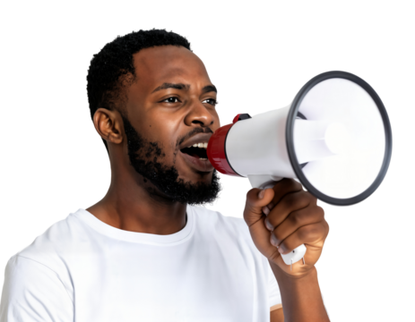 African American Man Speaking Through Megaphone, Announcing