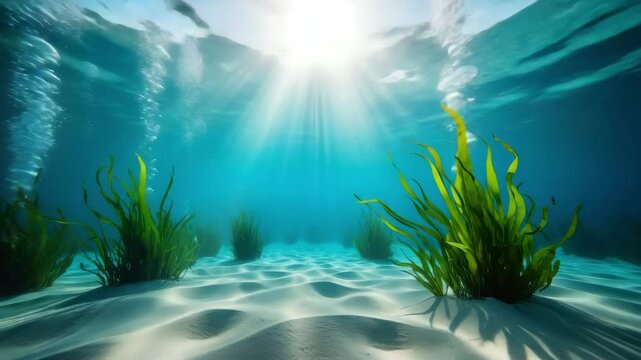Underwater scene with sunlight filtering through the water. Sandy bottom with green seaweed swaying gently. Clear blue water creates a serene atmosphere.