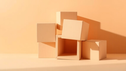 Fototapeta premium Abstract Minimalist Peach Colored Cubes Arrangement Geometric Shapes, Soft Lighting, and Shadow Play in a Modern Still Life Photography
