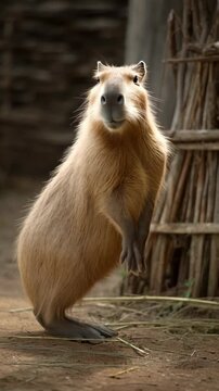 Standing capybara looks at camera in earthy environment with rustic sticks. Capybara with tan fur resting in dirt, close up wildlife shot.