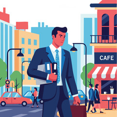 Businessman walking in city street holding briefcase and files near cafe urban lifestyle vector illustration