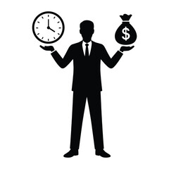 Businessman Holding Clock and Money Bag – Time and Finance Management Silhouette Vector
