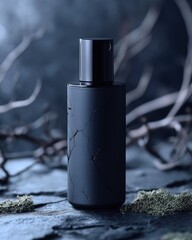 Dark cracked perfume bottle mystical forest setting