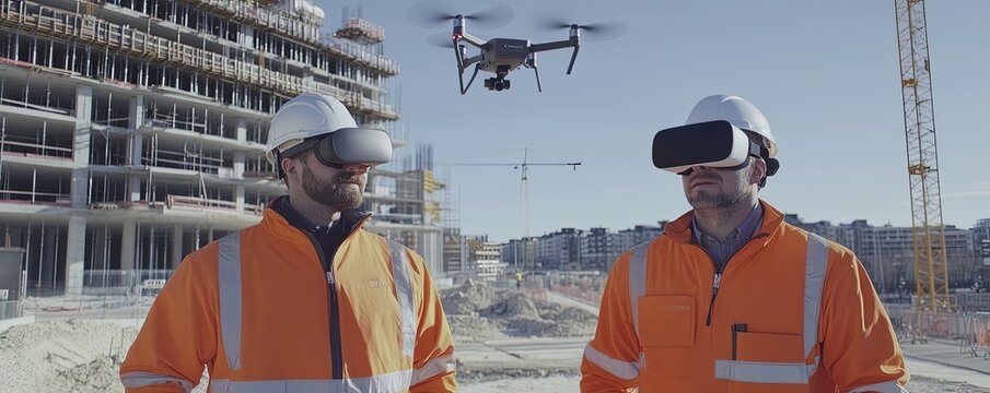 Construction Workers Using Vr Headsets and Drone on Site