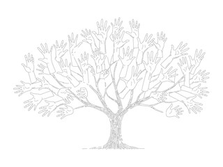 Tree made of human hands silhouette concept for unity, teamwork, community and social growth vector