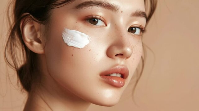 Young woman with flawless skin and freckles, smear white moisturizer on cheek on beige canvas with copy space. Skin care and cream application, natural cosmetics advertisement