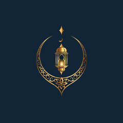 Traditional Ramadan logo with golden Arabic calligraphy, detailed crescent, glowing lantern, and Islamic patterns. Luxurious design with ornamental flourishes, ideal for branding and digital use.