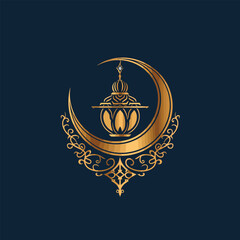 Traditional Ramadan logo with golden Arabic calligraphy, detailed crescent, glowing lantern, and Islamic patterns. Luxurious design with ornamental flourishes, ideal for branding and digital use.