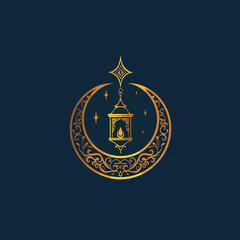 Traditional Ramadan logo with golden Arabic calligraphy, detailed crescent, glowing lantern, and Islamic patterns. Luxurious design with ornamental flourishes, ideal for branding and digital use.