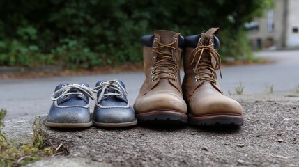Large brown boots and small blue shoes on pavement outdoors