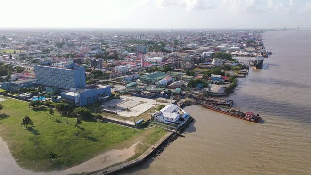 Aerial of downtown Georgetown with Demerara river in Guyana