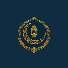 Traditional Ramadan logo with golden Arabic calligraphy, detailed crescent, glowing lantern, and Islamic patterns. Luxurious design with ornamental flourishes, ideal for branding and digital use.