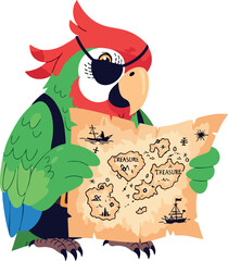 Pirate parrot holding treasure map with ships and islands colorful vector illustration