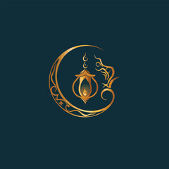 Traditional Ramadan logo with golden Arabic calligraphy, detailed crescent, glowing lantern, and Islamic patterns. Luxurious design with ornamental flourishes, ideal for branding and digital use.