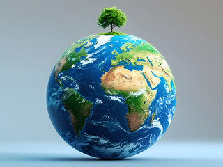 Fototapeta premium Tree growing on top of Earth globe, symbolizing environmental conservation, sustainability, and the importance of protecting our planet 
