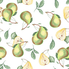 Seamless pattern of watercolor illustration of pear hand drawn on white background