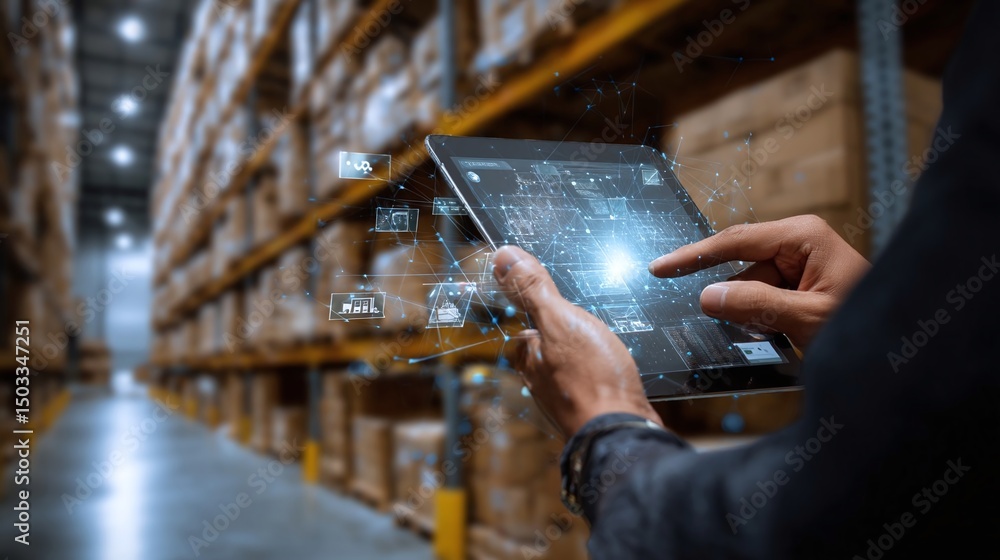 Poster warehouse worker using a tablet to manage inventory among stacked boxes in a busy distribution cente