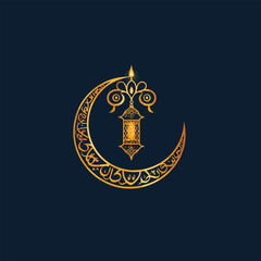 Traditional Ramadan logo with golden Arabic calligraphy, detailed crescent, glowing lantern, and Islamic patterns. Luxurious design with ornamental flourishes, ideal for branding and digital use.