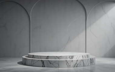 Minimalist marble textured podium on neutral gray background with soft spotlighting, elegant modern display