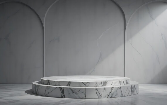 Minimalist marble textured podium on neutral gray background with soft spotlighting, elegant modern display