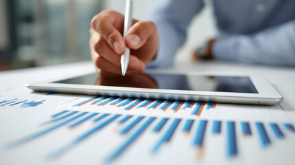 Businessman Reviewing Sales Charts on Tablet with Stylus