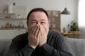 Man Covering Mouth While Smiling and Laughing Indoors
