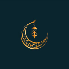 Traditional Ramadan logo with golden Arabic calligraphy, detailed crescent, glowing lantern, and Islamic patterns. Luxurious design with ornamental flourishes, ideal for branding and digital use.