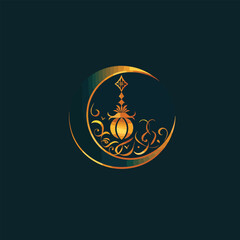 Traditional Ramadan logo with golden Arabic calligraphy, detailed crescent, glowing lantern, and Islamic patterns. Luxurious design with ornamental flourishes, ideal for branding and digital use.
