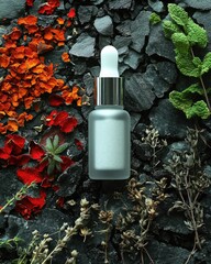 Frosted glass bottle of serum on dark stone background with herbs
