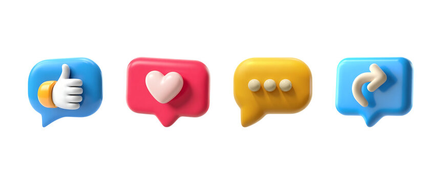 3d rendered Social media engagement icons. Like, Comment, Share Icons PNG. 3D Social Media Reaction Icon Set.