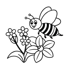 cute cartoon bee flying over flowers coloring page 