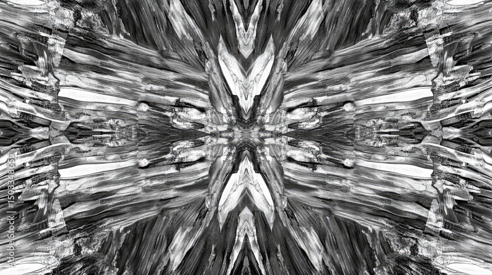 Poster intricate black and white abstract pattern with layered lines.