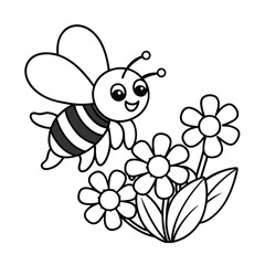cute cartoon bee flying over flowers coloring page 