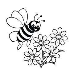 cute cartoon bee flying over flowers coloring page 