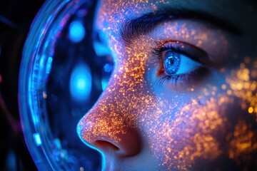 Young scientist observes microbes in a laboratory setting, showcasing a vibrant arrangement of petri dishes illuminated by blue light