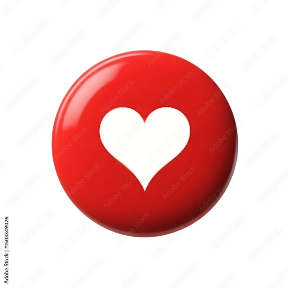Poster red circle button with white heart icon isolated on transparent background